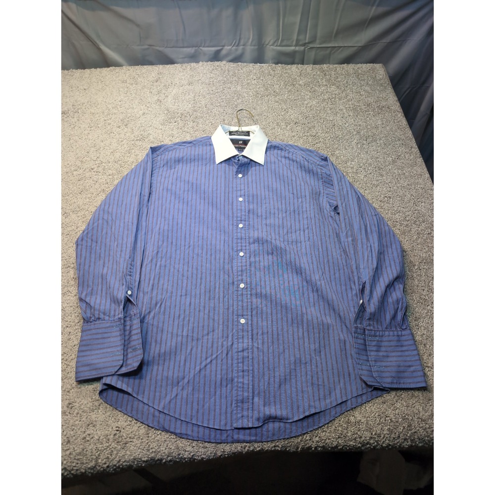 Hickey Freeman Mens Blue‎ Stripe Dress Shirt Legacy Broadcloth 16 33